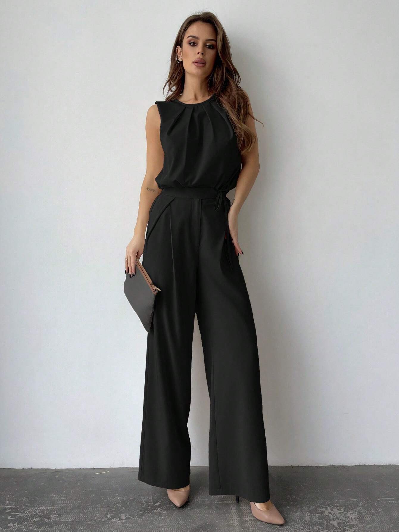 Privé Solid Color Round Neck Pleated Top And Wide Leg Pants shein
