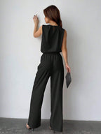 Privé Solid Color Round Neck Pleated Top And Wide Leg Pants shein