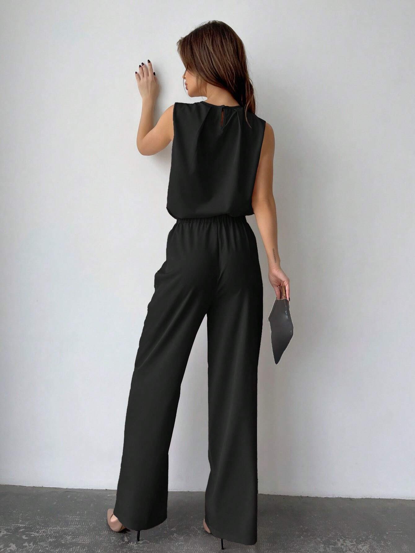 Privé Solid Color Round Neck Pleated Top And Wide Leg Pants shein