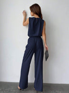 Privé Solid Color Round Neck Pleated Top And Wide Leg Pants shein