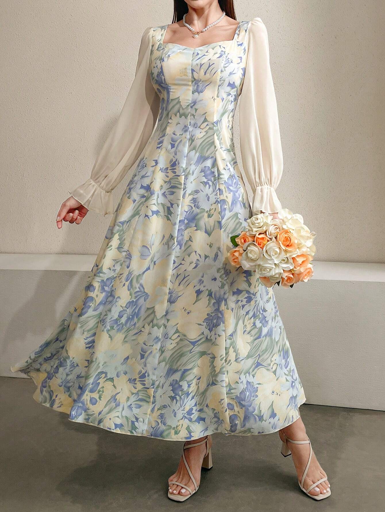 Modely Floral Printed Sweetheart Neckline Waist Gathering Dress shein