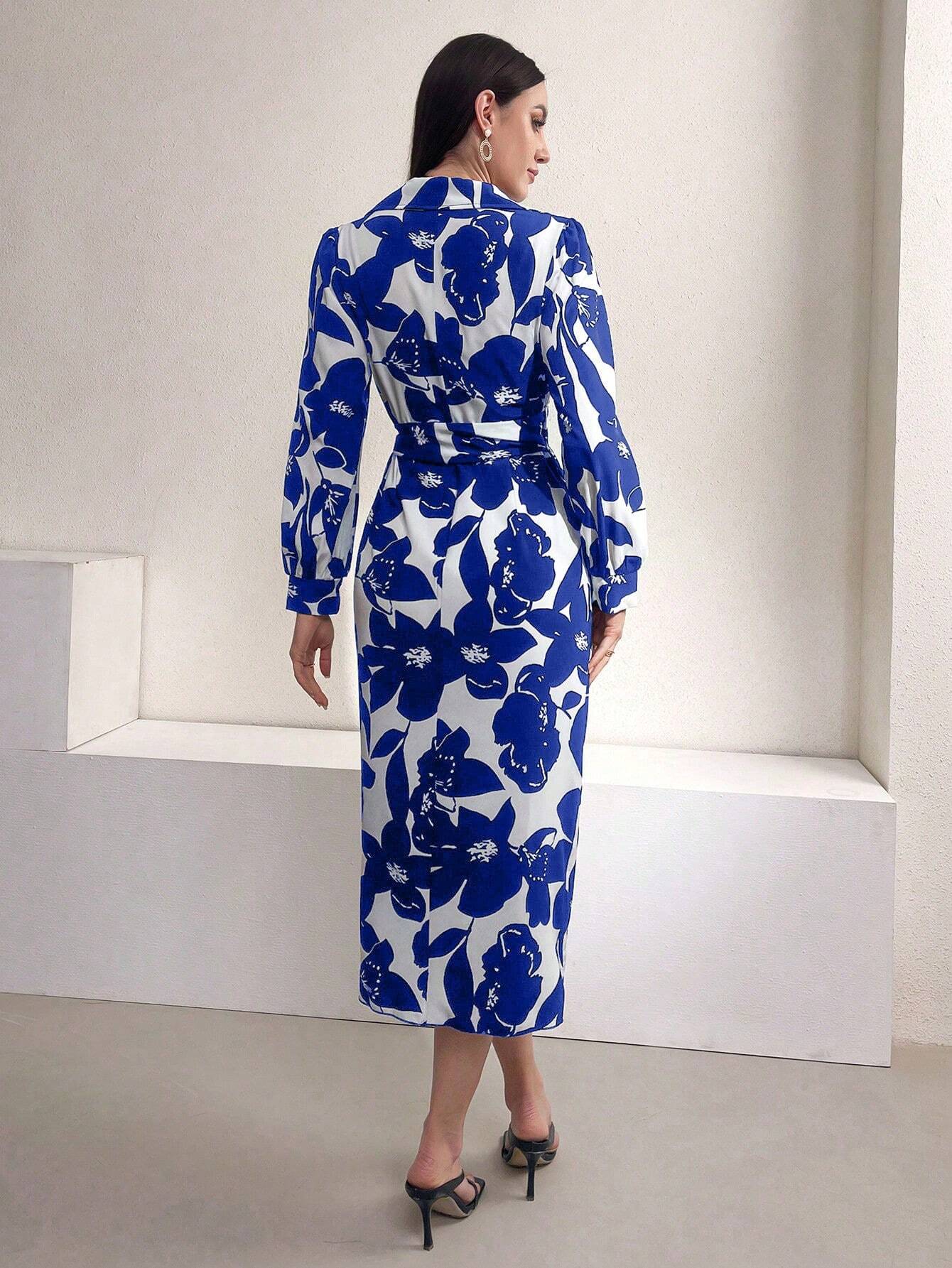 Mulvari Women's Floral Print Lantern Sleeve Dress Shein