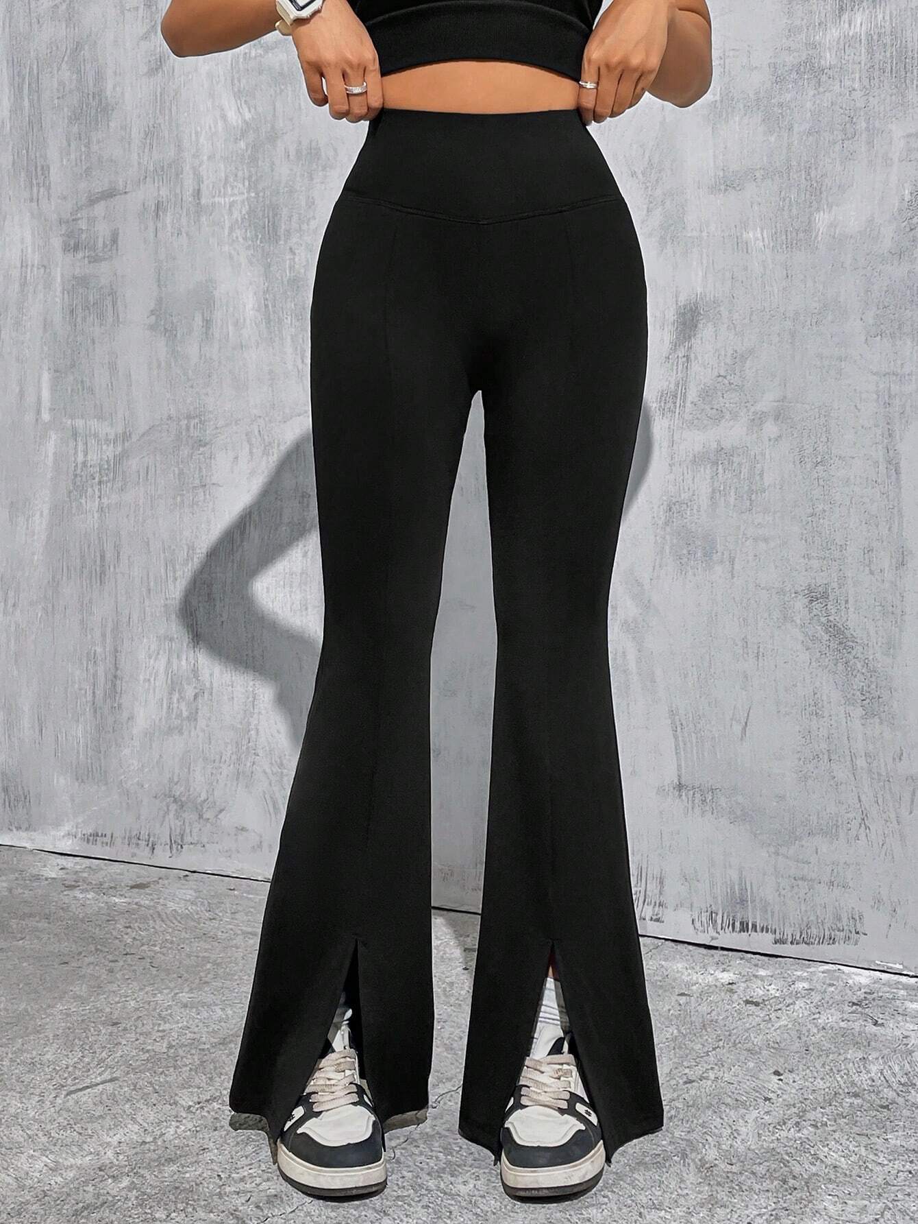 EZwear Black Knit Split Hem Flared Pants shein