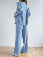 EZwear Women's Plain And Simple Daily Wear Shirt And Long Pants Two-Piece Set shein