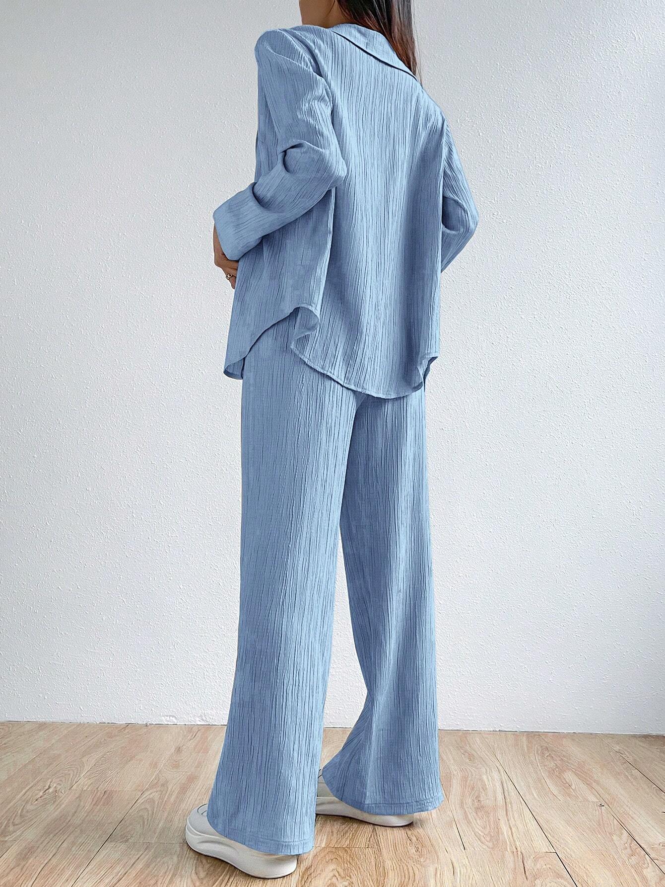 EZwear Women's Plain And Simple Daily Wear Shirt And Long Pants Two-Piece Set shein