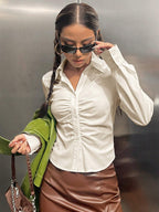 EZwear Solid Ruched Button Up Shirt shein