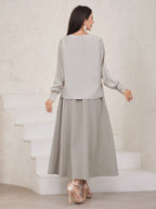 Modely Solid Color V-Neck Long Sleeve Casual Top And Skirt shein