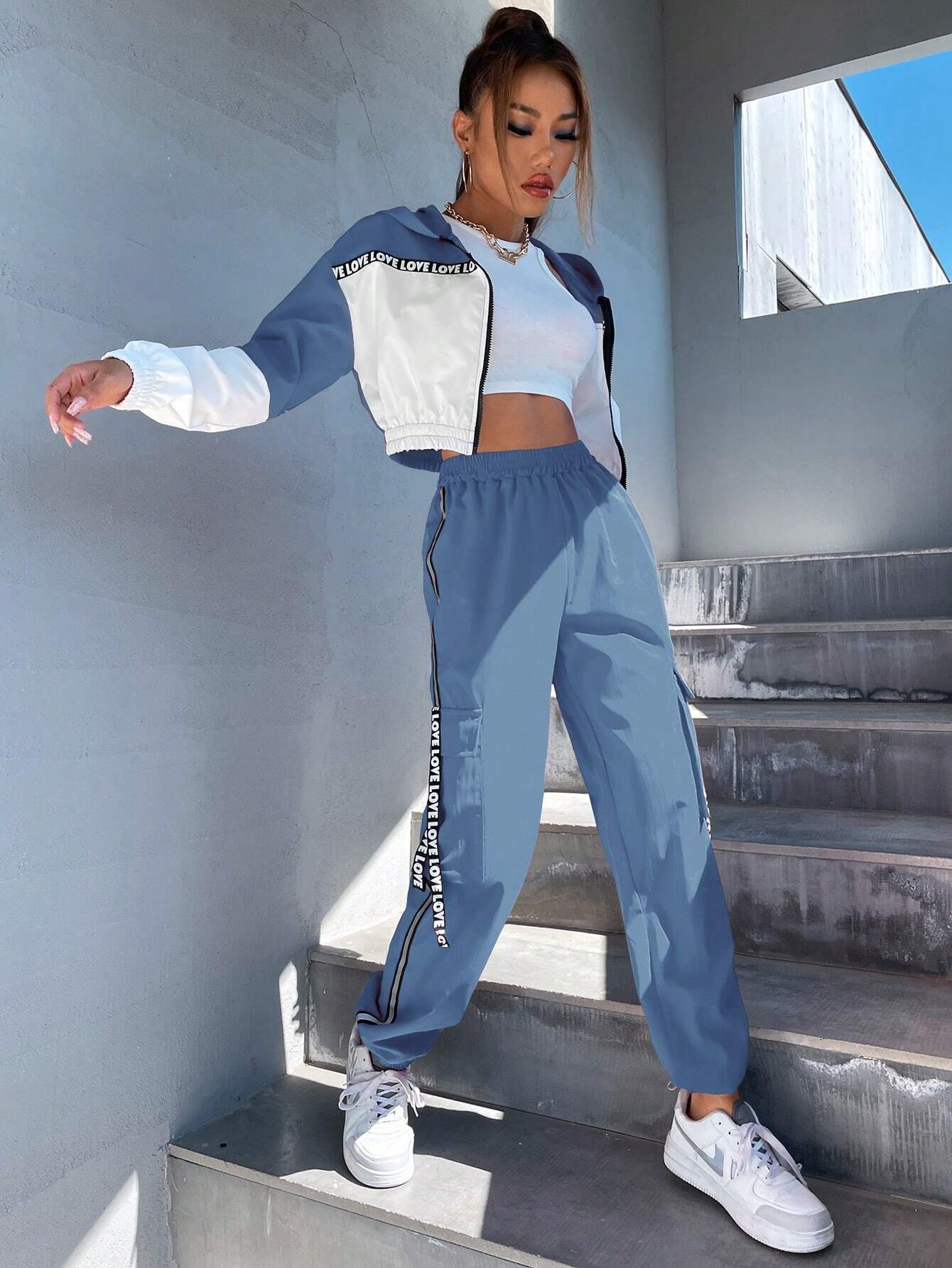 MOOSTA Two Tone Drop Shoulder Letter Tape Zipper Up Jacket & Cargo Pants shein