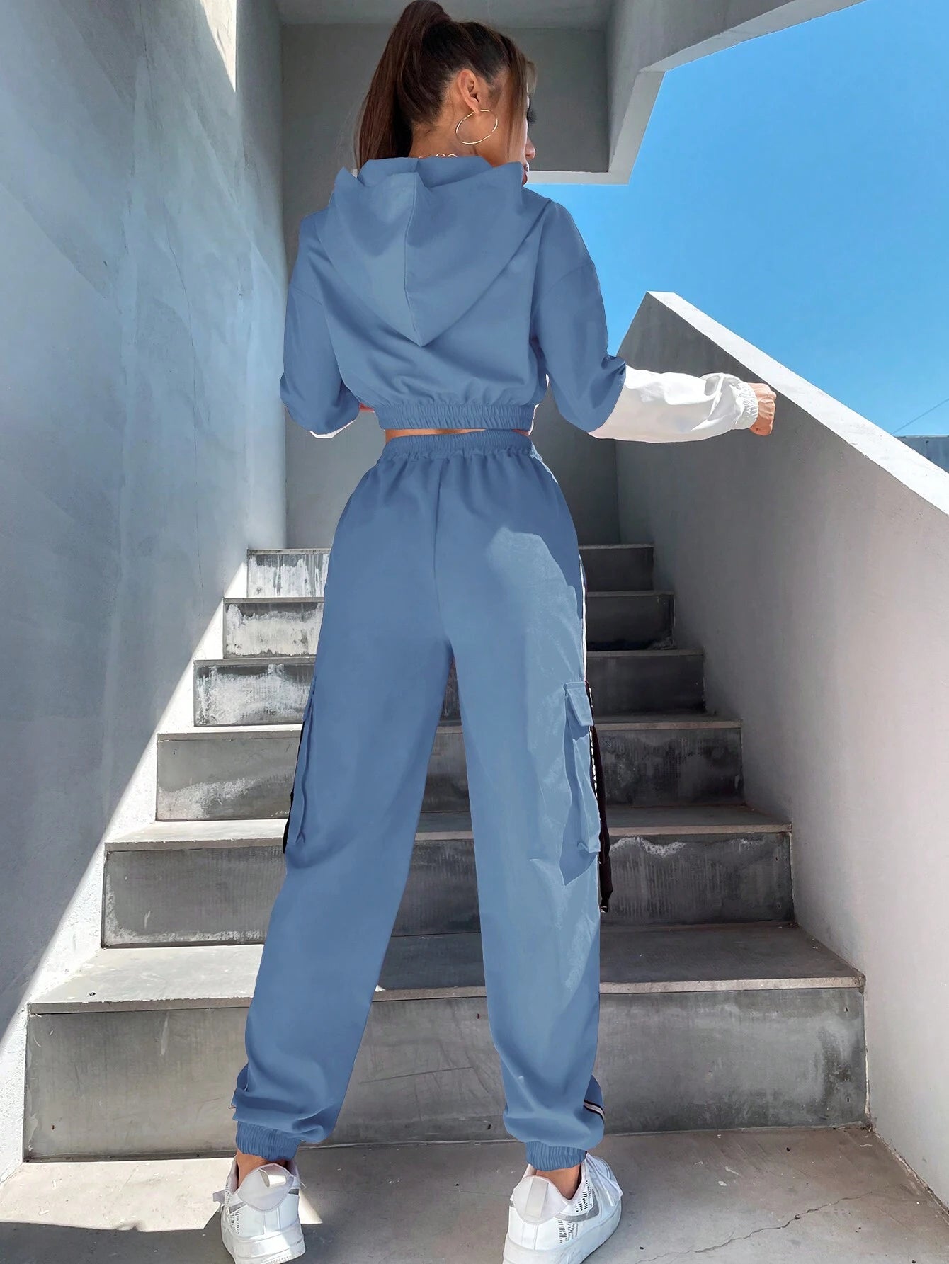 MOOSTA Two Tone Drop Shoulder Letter Tape Zipper Up Jacket & Cargo Pants shein