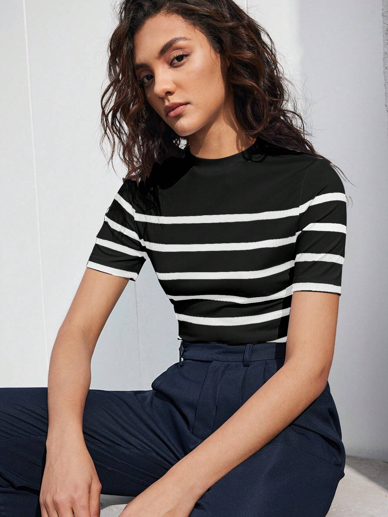 BIZwear Women's Contrast Striped Stand Collar T-Shirt shein