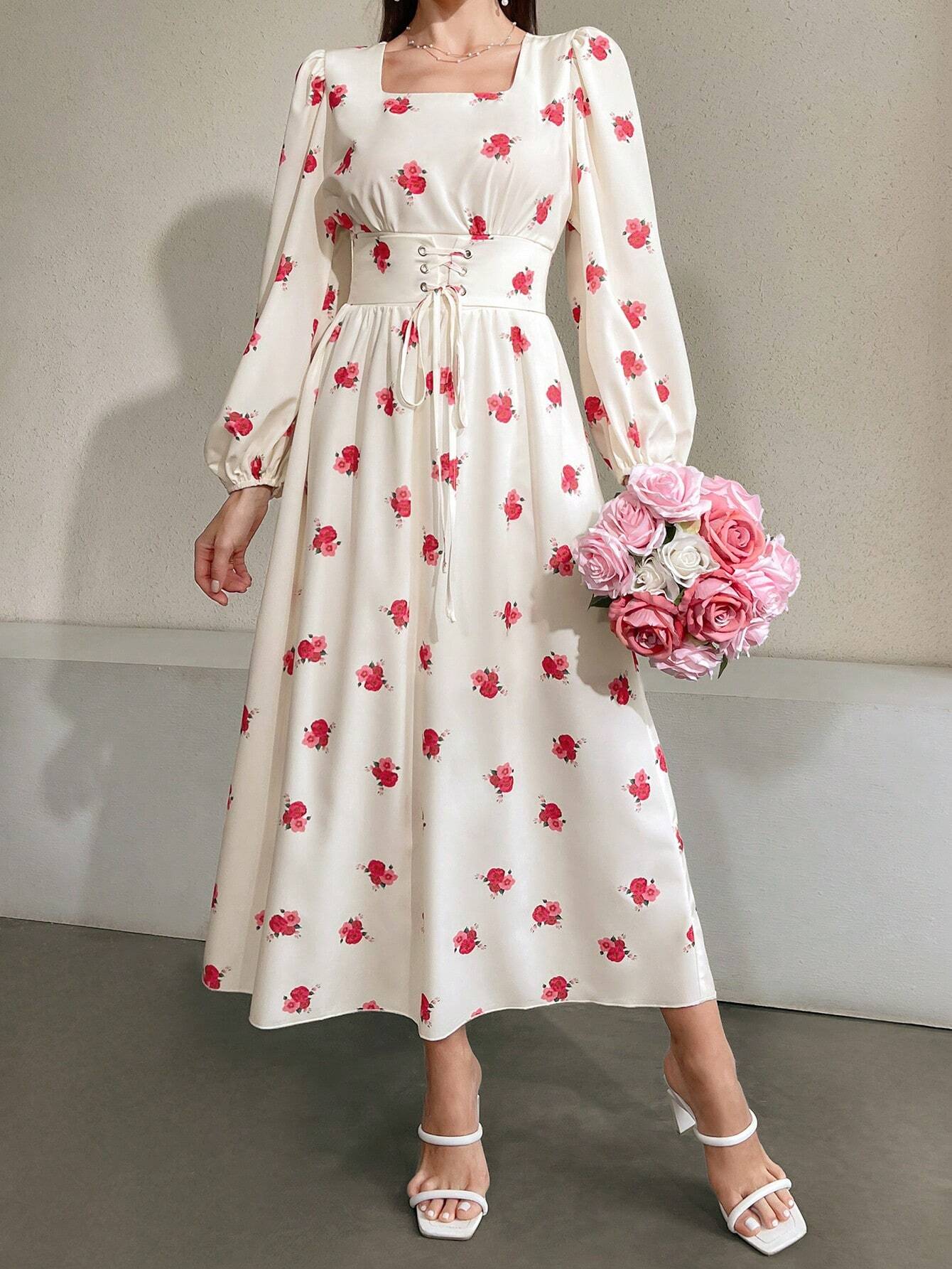 Modely Women's Fashionable Floral Print Long Sleeve Square Neckline Midi Dress shein