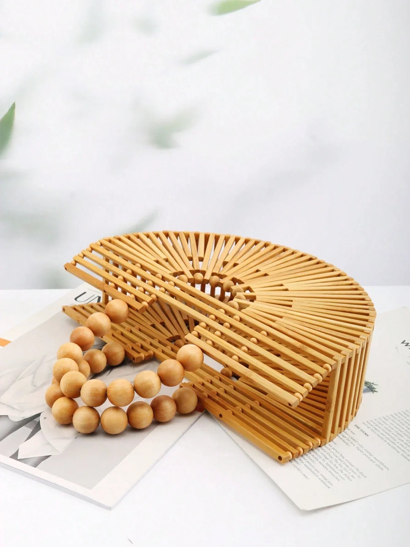 Fashionable Large Capacity Bamboo Woven & Wooden Beaded Handbag With Hollow Design shein