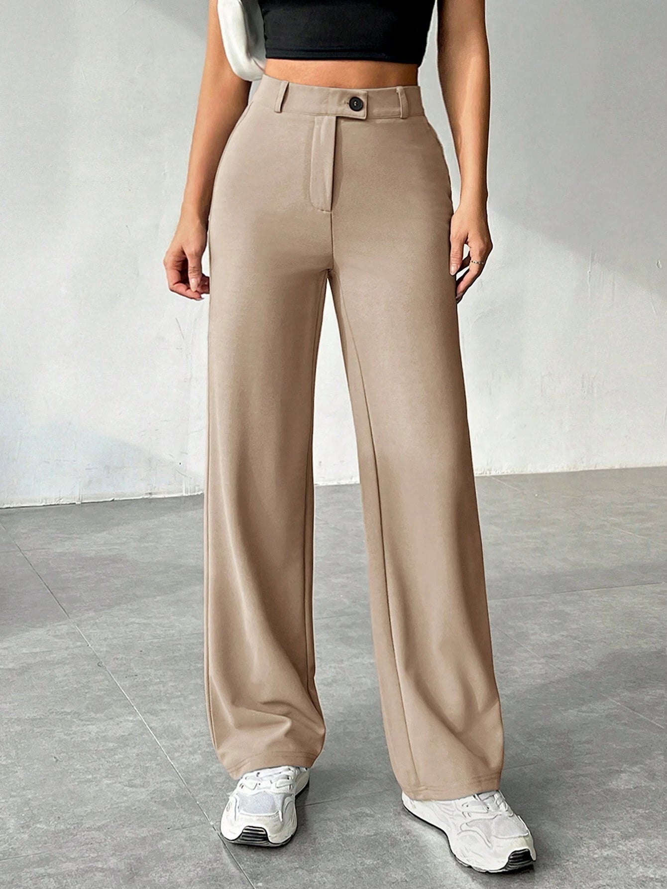 EZwear Women's Solid Color Straight Leg Casual Pants shein