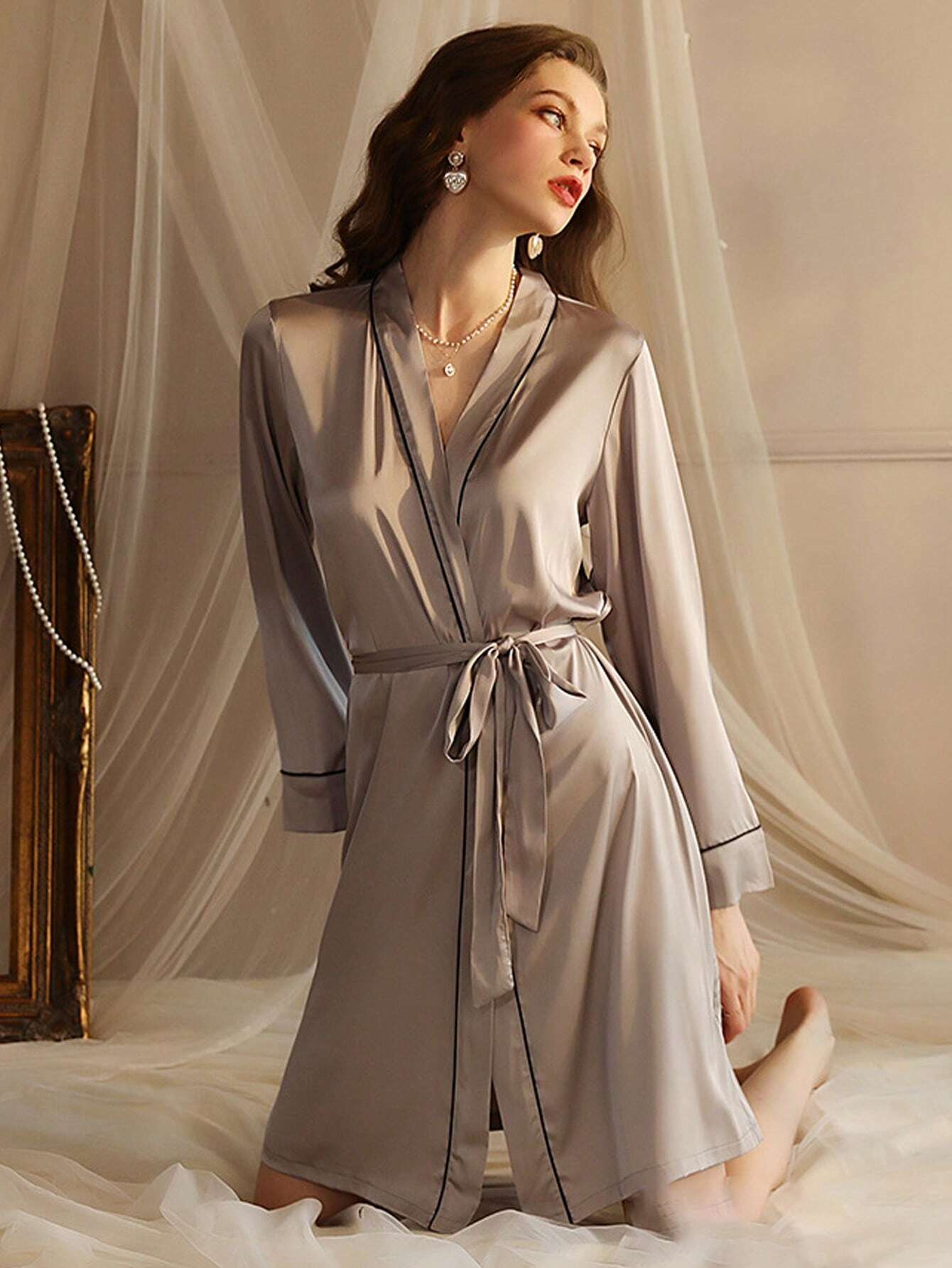 1pc Lightweight Luxury Spring/Summer Women Sexy Open-Front Robe Made Of Faux Silk Fabric Vintage Sleepwear With Retro Sleep Skirt shein