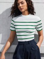 BIZwear Women's Contrast Striped Stand Collar T-Shirt shein