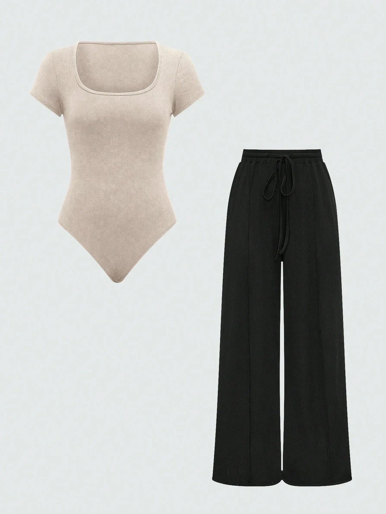 EZwear Plain Color Asymmetric Hem Top And Pants Two Piece Set shein