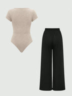EZwear Plain Color Asymmetric Hem Top And Pants Two Piece Set shein