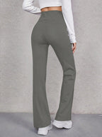 EZwear Wide Waistband Flare Leg Pants shein