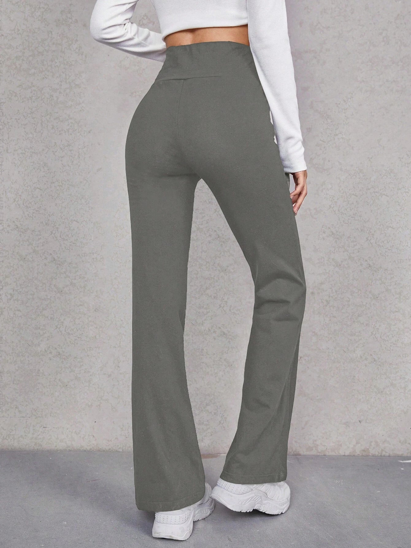 EZwear Wide Waistband Flare Leg Pants shein