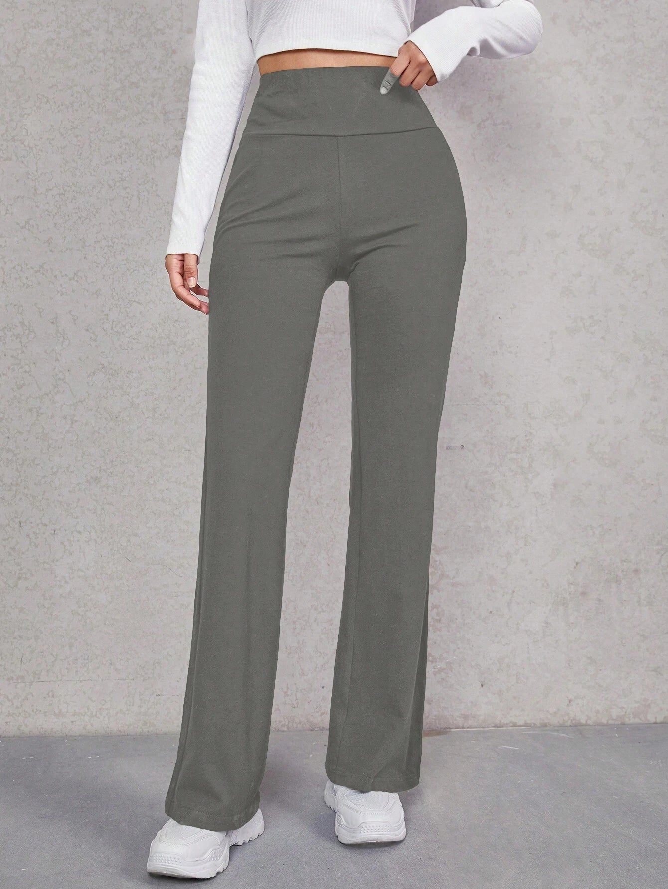 EZwear Wide Waistband Flare Leg Pants shein