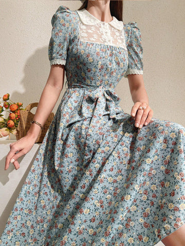 Mulvari Floral Printed Splicing Embroidery Mesh Peter Pan Collar Bubble Sleeve Dress