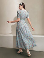 Mulvari Floral Printed Splicing Embroidery Mesh Peter Pan Collar Bubble Sleeve Dress shein
