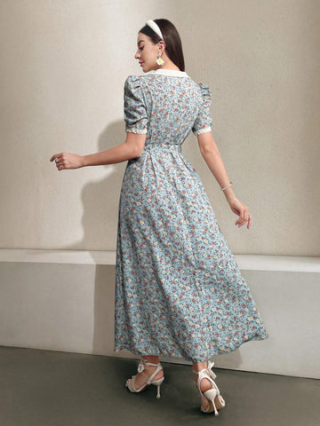 Mulvari Floral Printed Splicing Embroidery Mesh Peter Pan Collar Bubble Sleeve Dress