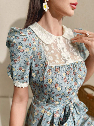 Mulvari Floral Printed Splicing Embroidery Mesh Peter Pan Collar Bubble Sleeve Dress
