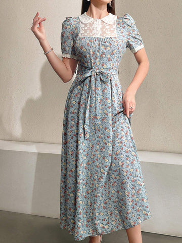 Mulvari Floral Printed Splicing Embroidery Mesh Peter Pan Collar Bubble Sleeve Dress