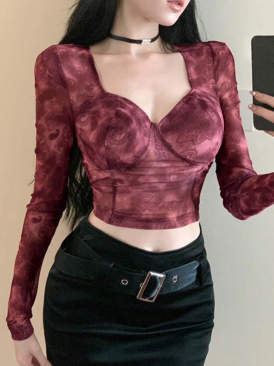 DAZY Tie-Dye Sweetheart Neck Slim Fit Long Sleeve Top shein