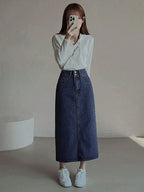 DAZY Women's Casual Distressed Denim Skirt With Side Slit shein