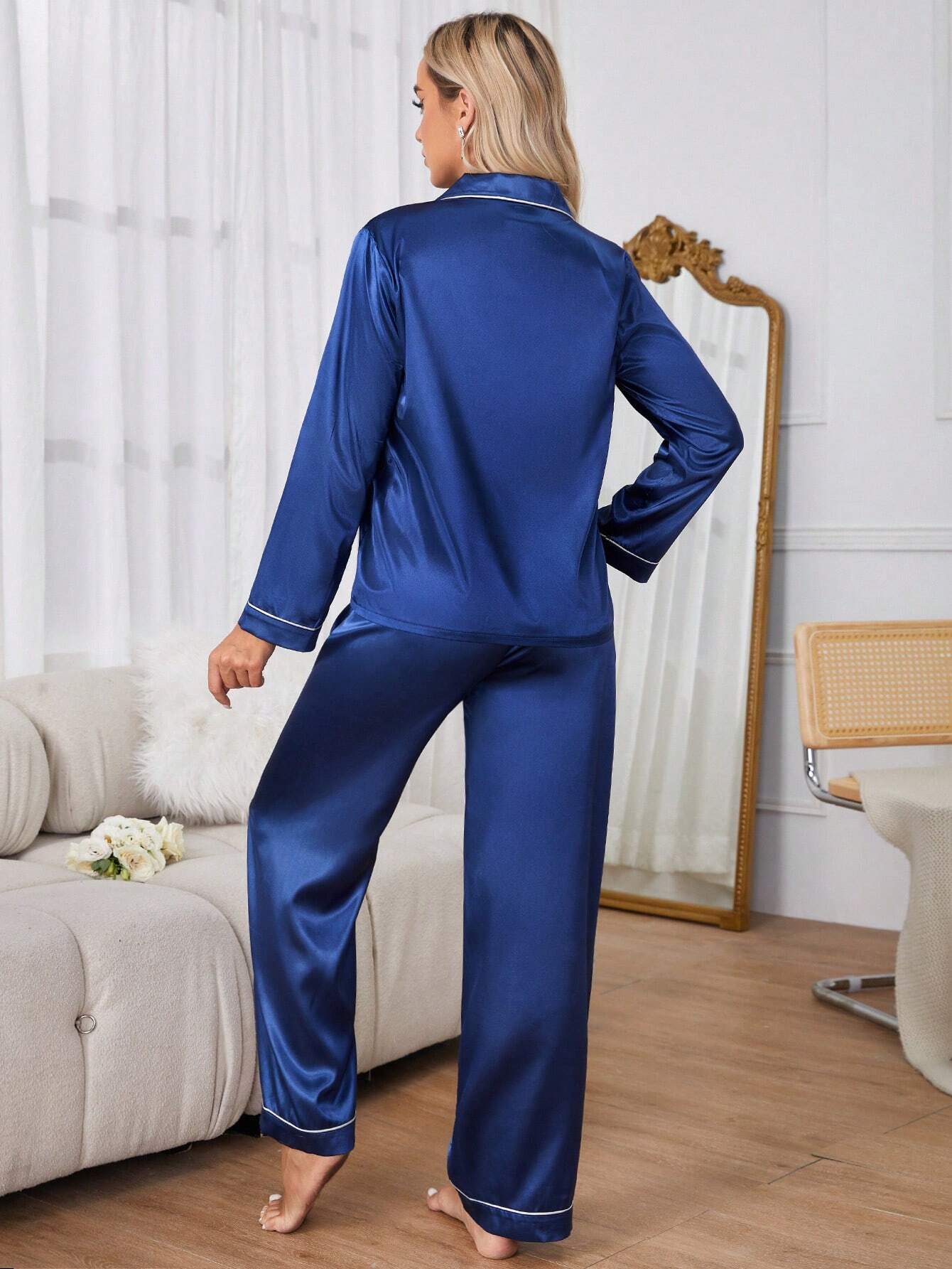 Women's Contrast Banded Collar Long Sleeve Pants Pajama Set shein