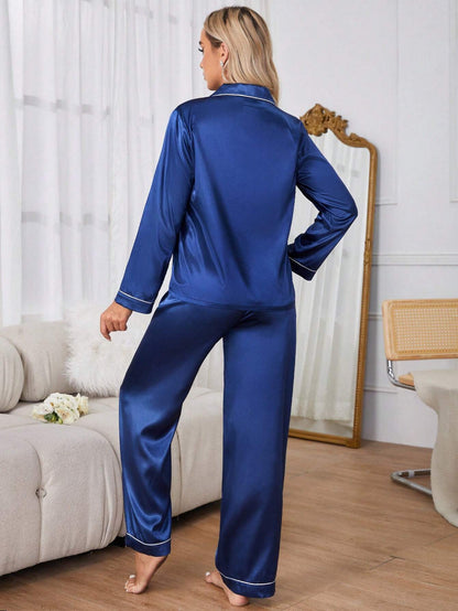 Women's Contrast Banded Collar Long Sleeve Pants Pajama Set shein