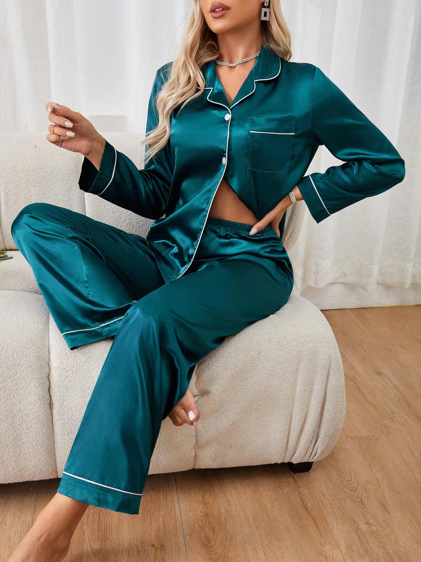 Women's Contrast Banded Collar Long Sleeve Pants Pajama Set shein