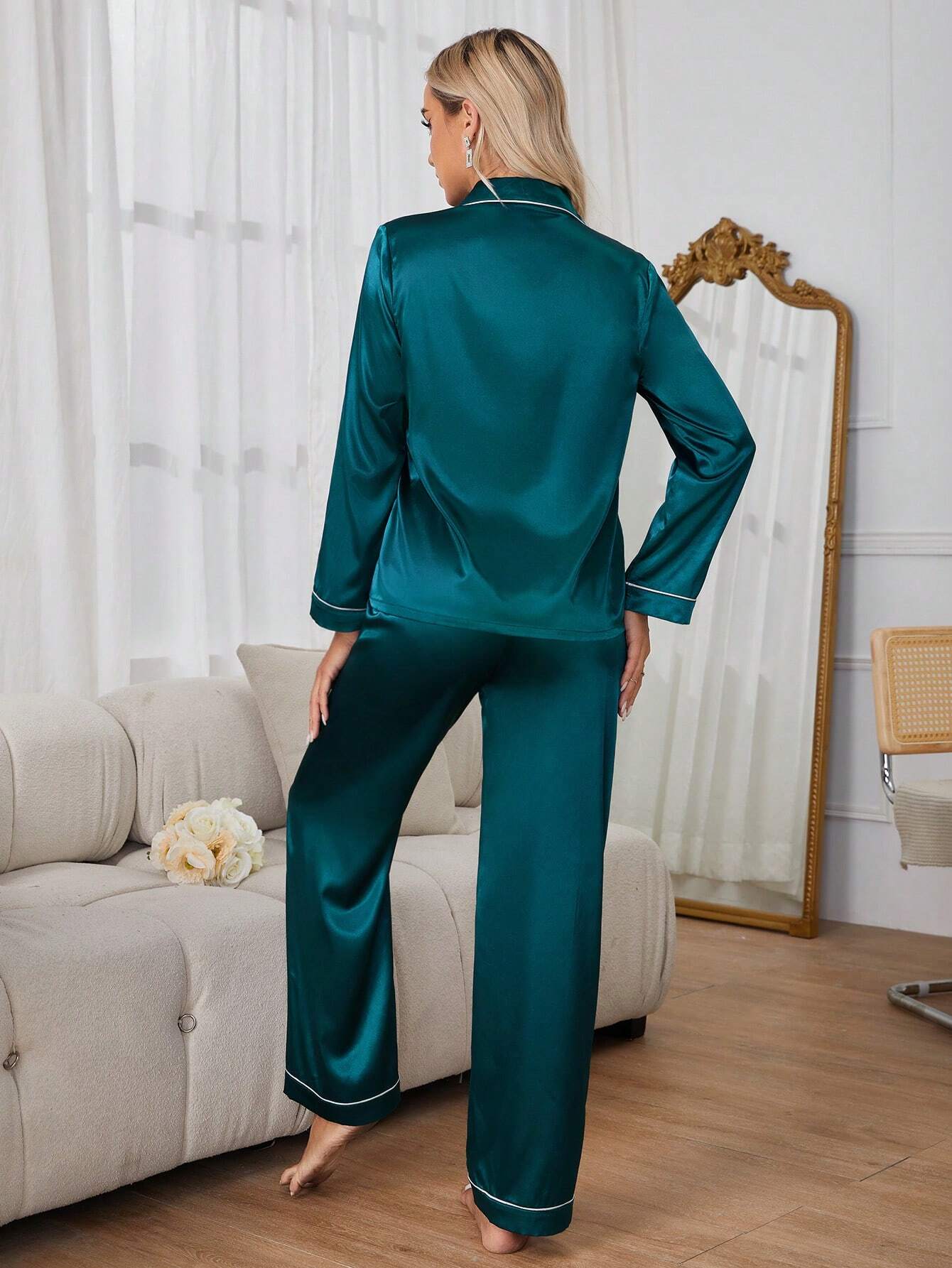Women's Contrast Banded Collar Long Sleeve Pants Pajama Set shein