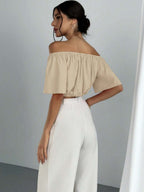 Women's Summer Solid Color Off Shoulder V Neck And Elastic Waist Blouse shein