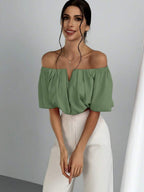 Women's Summer Solid Color Off Shoulder V Neck And Elastic Waist Blouse shein