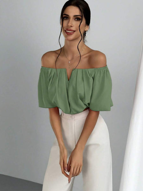 Women's Summer Solid Color Off Shoulder V Neck And Elastic Waist Blouse shein