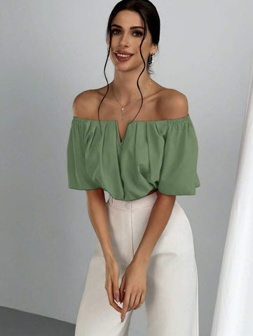 Women's Summer Solid Color Off Shoulder V Neck And Elastic Waist Blouse