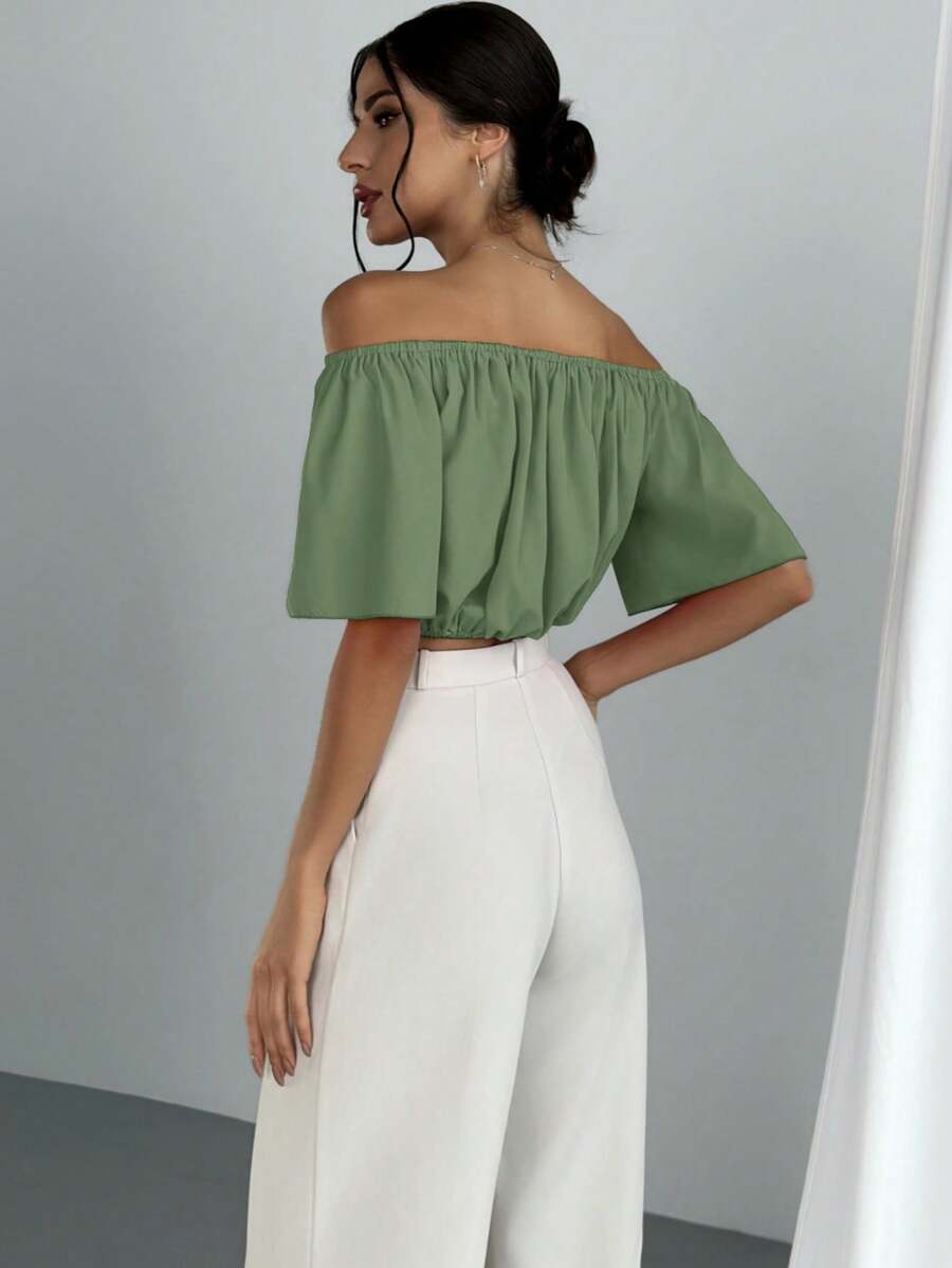 Women's Summer Solid Color Off Shoulder V Neck And Elastic Waist Blouse shein