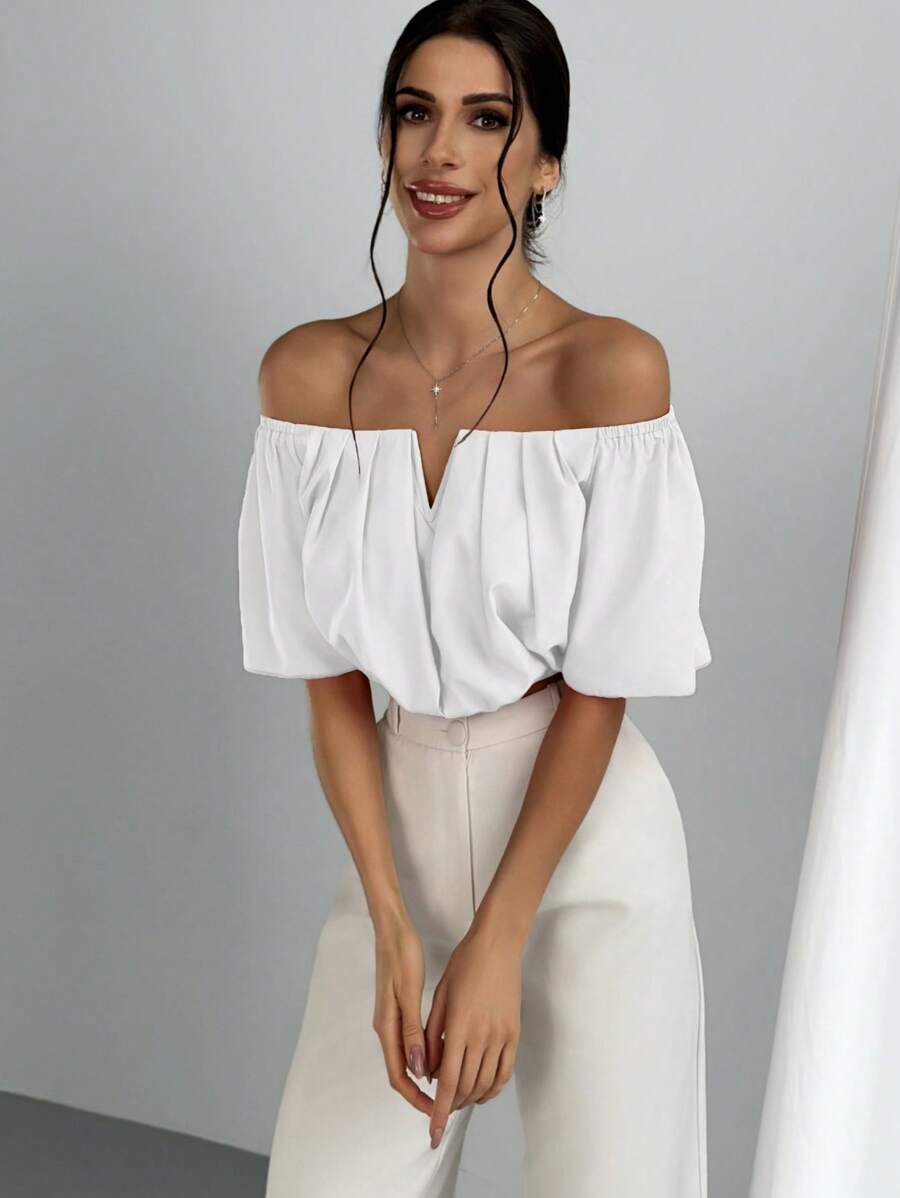 Women's Summer Solid Color Off Shoulder V Neck And Elastic Waist Blouse shein