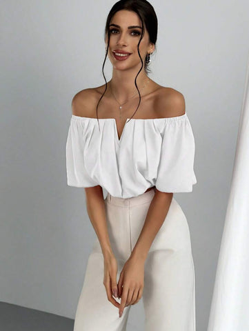 Women's Summer Solid Color Off Shoulder V Neck And Elastic Waist Blouse