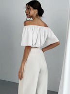 Women's Summer Solid Color Off Shoulder V Neck And Elastic Waist Blouse shein