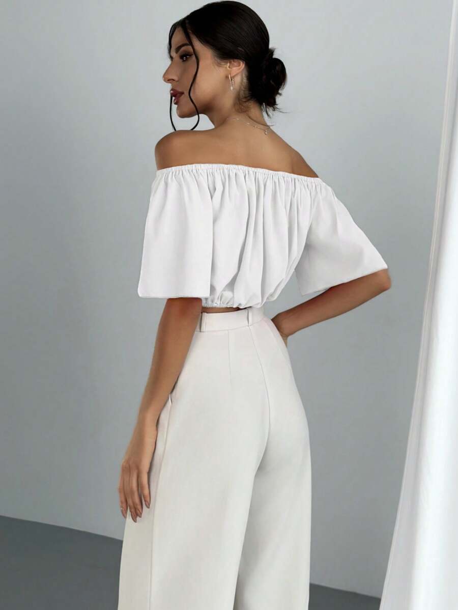 Women's Summer Solid Color Off Shoulder V Neck And Elastic Waist Blouse shein
