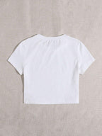 EZwear Women Summer Slogan Bow Detail-Knot Print Round Neck Short Sleeve Casual T-Shirt shein