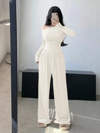 DAZY Women's Irregular Shoulder Ruched T-Shirt And Wide-Leg Pants Set shein