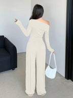 DAZY Women's Irregular Shoulder Ruched T-Shirt And Wide-Leg Pants Set shein