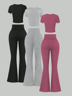 EZwear 6pcs/Set Casual Round Neck Short Sleeve T-Shirt And High Waisted Elastic Flare Bottoms Long Pants shein