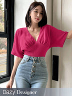 Dazy Designer Women's V-Neck Pleated Texture T-Shirt shein