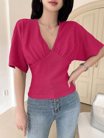 Dazy Designer Women's V-Neck Pleated Texture T-Shirt